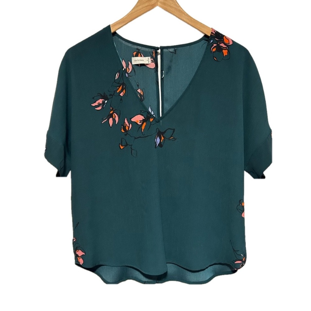 Gentle Fawn Emerald Green Floral Print V-Neck Blouse, Size Small